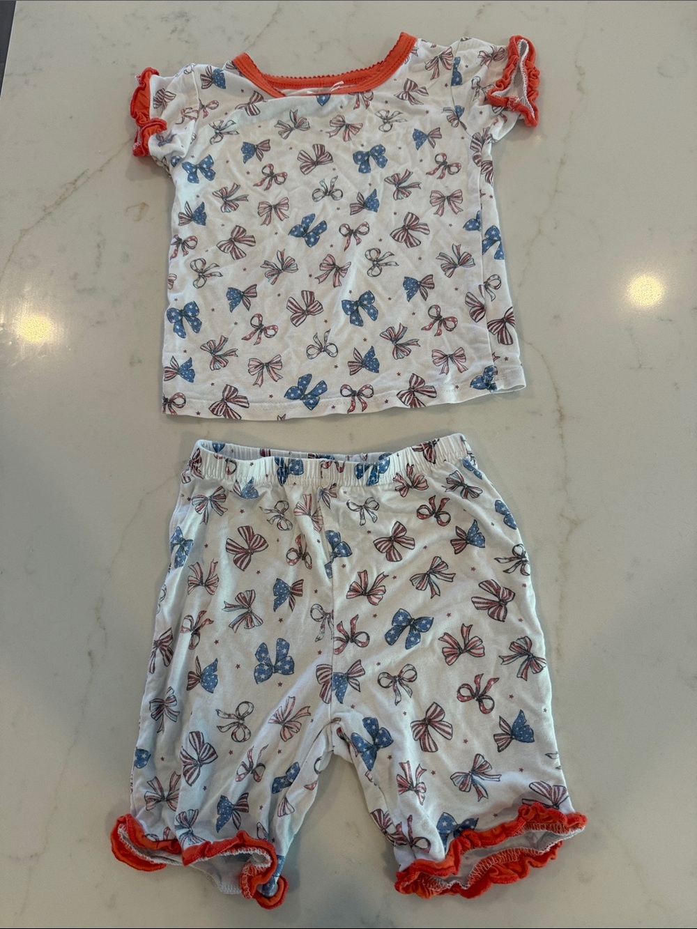 Girls White Butterfly Print Pajama Set with Coral Trim